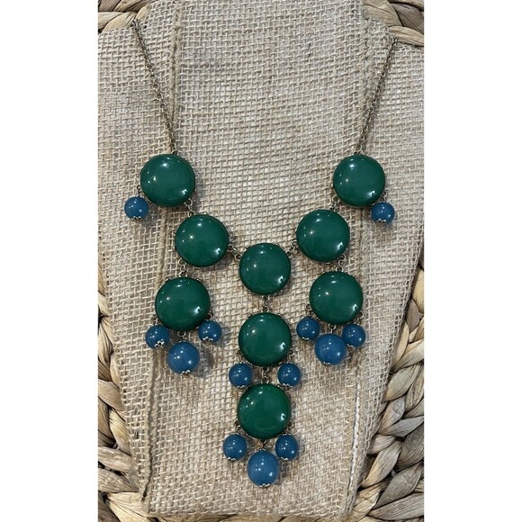 Gold Tone Teal & Turquoise Colored Bubble Bead Bib 25” Necklace Statement - Picture 1 of 8
